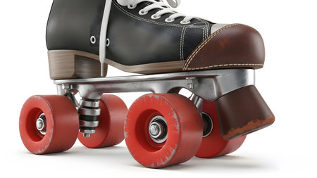 A vintage-style roller skate in black and brown with red wheels and white laces, presented on a...
