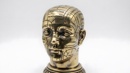 A brass phrenology head model with inscribed labels for personality traits is shown on a white...