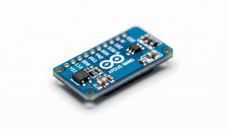 A small blue Arduino Nano board the Arduino silver pins, and various electronic components on a...