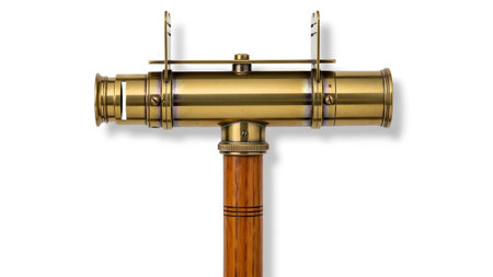 White showing antique brass telescope mounted on wooden handle with white background.
