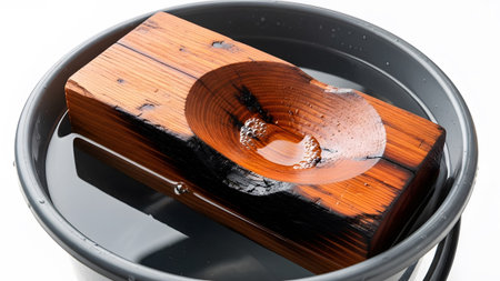 (431) showing carved wooden bowl with water and bubbles resting in a dark gray bucket.