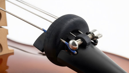 (1205) showing black tuning peg mechanism with blue string wrappings on stringed instrument....