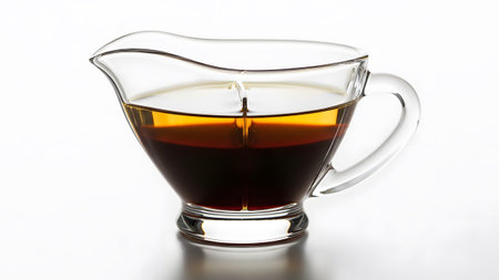 Filled showing clear glass gravy boat filled with two layers of amber and dark brown liquid....の写真素材