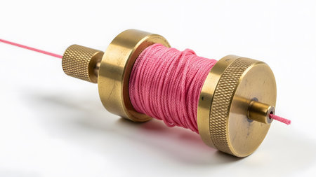 A brass plumb bob with bright pink string tightly wound on its central spool, isolated on white.