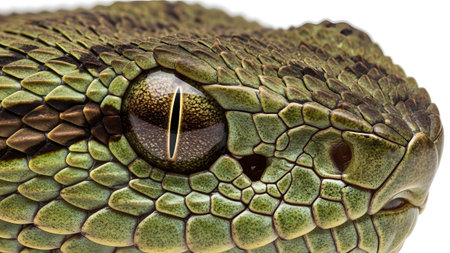 (491) showing close up extreme detail of a green viper snake head with textured scales and a...