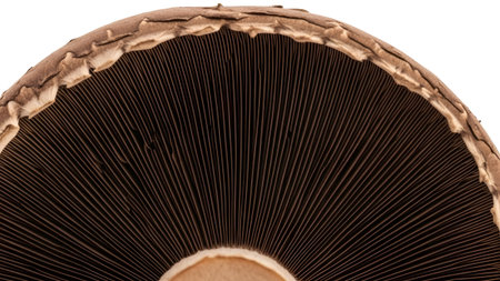 showing close up of the brown gills and the curved edge of a portobello mushroom cap.