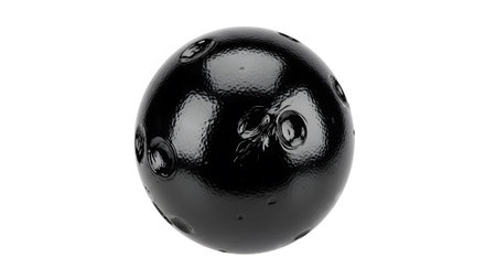 A glossy black sphere featuring irregular indentations and prominent reflective highlights sits...
