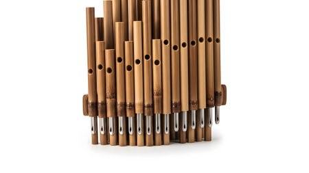 Close-up showing close-up of a bamboo pan flute instrument with metal rods on white background....