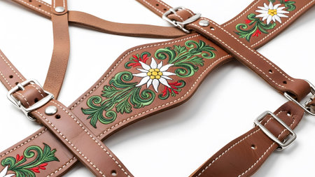 Green showing close-up of embroidered leather suspenders with flowers and green...