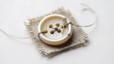 White showing cream mother of pearl button tied with silver thread on burlap fabric white...