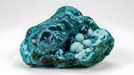 Intricate swirling teal and blue formations fill a geode with spherical crystal clusters.