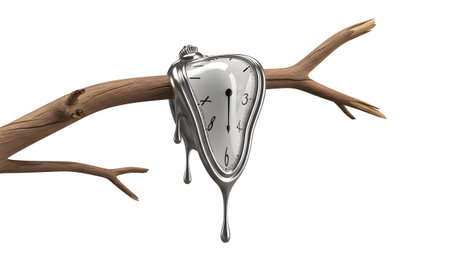 Melting pocket watch hanging on a dry tree branch against white background.