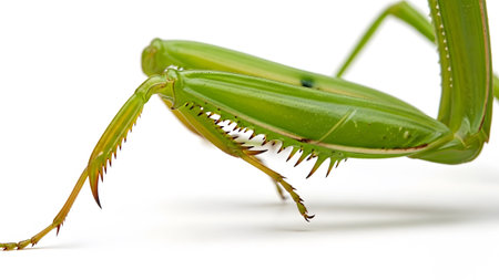 Praying mantis showing close up of a green praying mantis foreleg with visible spikes and joint...