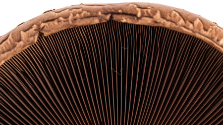 Macro showing macro shot of the dark brown gills and frayed edge of a portobello mushroom cap....
