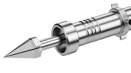 Close-up showing close-up of a sharp pointed metal instrument tip with segmented barrel detail....