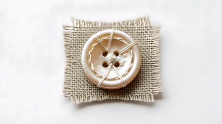 Rough showing close-up of a light pearl button sewn with white thread onto rough burlap fabric....
