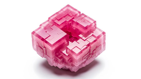 A translucent pink crystal exhibits a complex geometric structure with distinct cubic layers and...