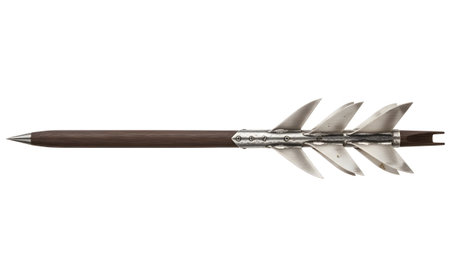 A dark wood shaft projectile with a pointed metal tip and four angled metal fins at the rear end...