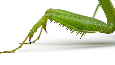 Praying mantis showing detailed macro view of a green praying mantis foreleg with sharp spikes...