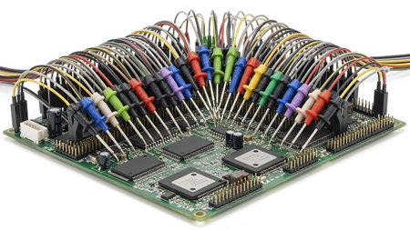 showing green electronic circuit board with many colorful test clips attached to...