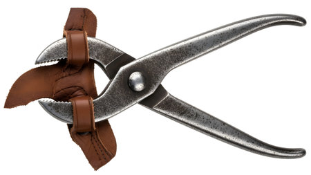 Metal pliers, secured with leather straps, are gripping a brown leather swatch on a white...