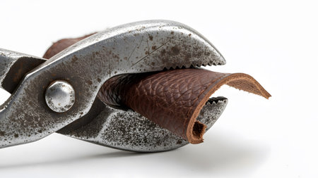 Metal pliers are shown bending a piece of textured brown leather, highlighting its pliability...の写真素材