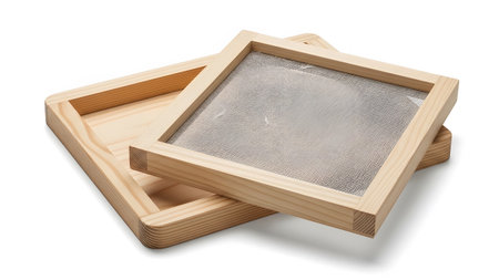 Mesh showing two wooden frames with fine mesh screens stacked on a white background.