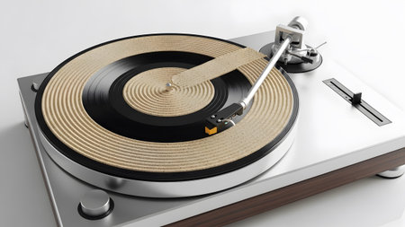 A vintage record player a vinyl record with a sand garden spiral pattern on its surface.