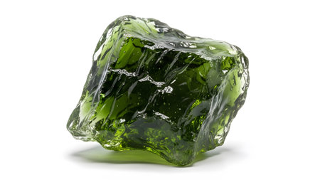 showing rough green moldavite meteorite gemstone with textured surface.