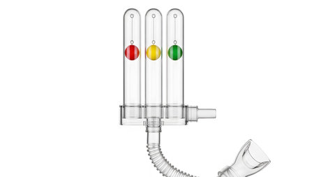 Green triple tube breathing exerciser with red yellow green balls and hose.