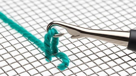 Through showing teal yarn being pulled through a metal grid with a crochet hook tool on white...