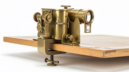 showing vintage brass sextant with optical lenses clamped to a wooden board.