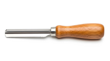 A gleaming stainless steel vegetable peeler featuring a smooth wooden handle is presented on a...