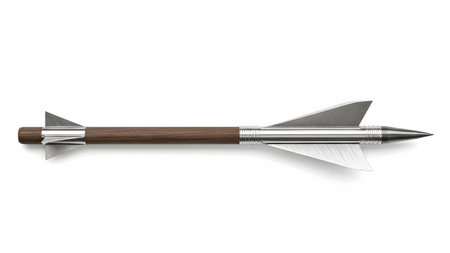 A wooden shaft arrow with a metallic pointed tip and three silver fletchings, isolated on a...
