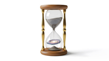White showing wooden hourglass with grey sand and galaxy in the lower bulb on white background.
