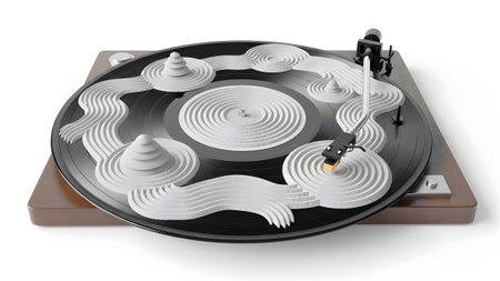 Record showing turntable record player with a zen garden sand landscape on the vinyl disc.