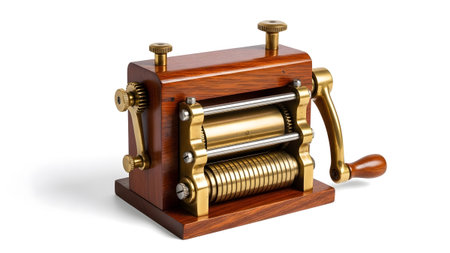 Wood showing small antique brass and wood mechanical device with crank and gears.