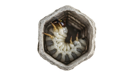 A pale larva with segmented body and antennae is curled within a hexagonal cell of its papery...