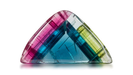 Green showing triangular gemstone with pink blue and green color zones on white background.
