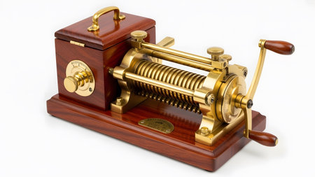 Rotary showing antique brass and wood mechanical device with crank and rotary dial.
