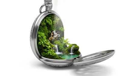 An open silver pocket watch showcases a detailed miniature jungle with multiple waterfalls and...