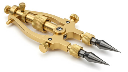 A detailed brass compass with sharp points and textured knobs sits on a clean white surface.