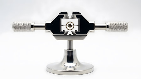 Mechanism showing precision watchmaking tool holding a tiny gear mechanism in a vise on a white...