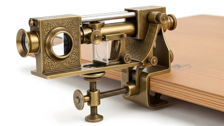 An antique brass microscope clamp with intricate engravings is mounted on a light-colored wooden...