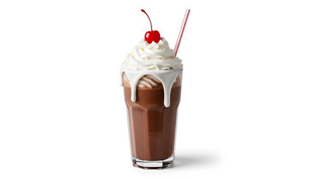 Milkshake showing chocolate milkshake with whipped cream cherry and red striped straw on white...