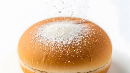 Sugar showing close up of a golden brown bun with powdered sugar falling on. resolution...