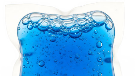 Liquid showing blue liquid in a clear pouch with many small bubbles and larger air pockets.