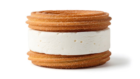 Churro showing churro ice cream sandwich with two circular churro pieces and ice cream.