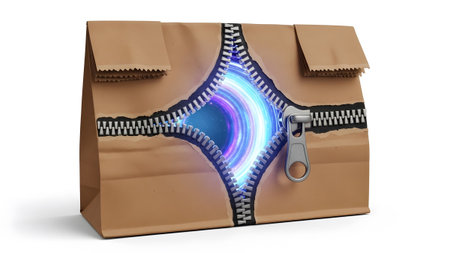 showing brown paper lunch bag with zipper opening to a swirling blue energy portal.