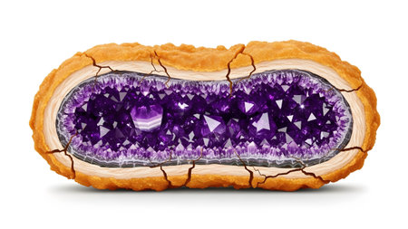 A cracked, golden-brown fried is split open, exposing a vibrant interior filled with glittering...